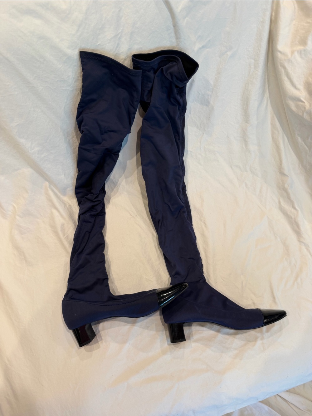 Zara Navy Blue Over-the-Knee Stretch Boots with Patent Toe